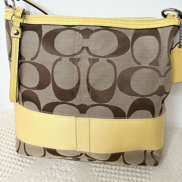 Coach Signature Stripe Shoulder Bag F13674 Khaki Yellow Hobo - Picture 4 of 11